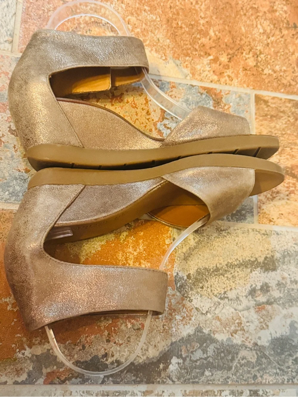 Fabulous Paul Green Tammy Metallic Gold BrushedSuede Wedge Velcro Closure Sandal